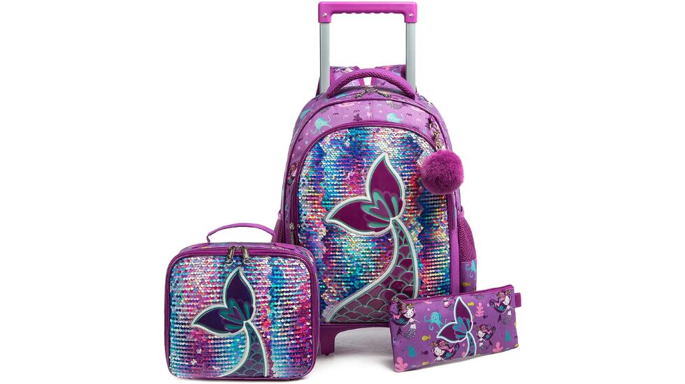 Lote 3 en 1 con mochila escolar de ruedas con un diseño de sirena y purpurina