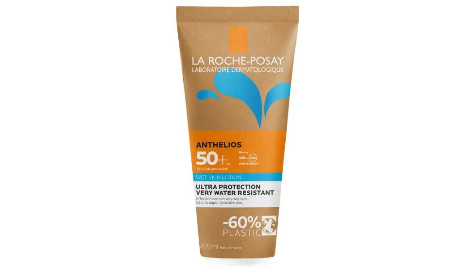 Crema solar resistente al agua de La Roche-Posay (SPF50+), apta para cuerpo y rostro, se puede aplicar con la piel mojada.