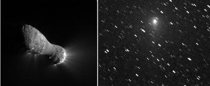 El núcleo del cometa 103P/Hartley 2, de unos dos kilómetros longitud, captado por la sonda <i>Deep Impact</i> desde 700 kilómetros de distancia el pasado 4 de noviembre. A la derecha, el cometa visto el 6 de noviembre desde 24,2 millones de kilómetros, la distancia que lo separaba de la Tierra.
