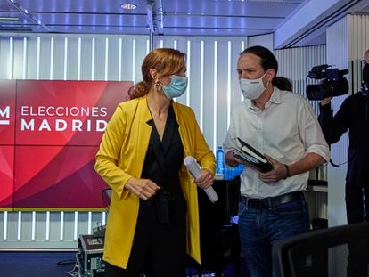 Los candidatos a la presidencia de la Comunidad de Madrid Mónica García, de Más Madrid, y Pablo Iglesias, de Unidas Podemos.