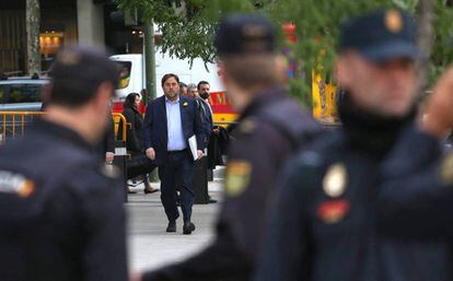 El vicepresident destituït de la Generalitat de Catalunya, Oriol Junqueras, acudeix a la seu de l'Audiència Nacional per declarar pels delictes de rebel·lió, sedició i malversació.