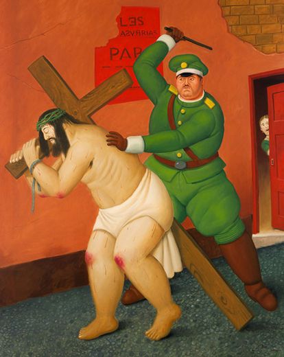 Botero traslada el martirio de Jesús a escenarios contemporáneos. En este cuadro, por ejemplo, sustituye al legionario romano y su látigo por un policía latinoamericano con una porra.