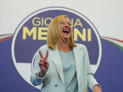 Far-Right party Brothers of Italy's leader Giorgia Meloni reacts at her party's electoral headquarters in Rome, early Monday, Sept. 26, 2022. Italians voted in a national election that might yield the nation's first government led by the far right since the end of World War II. (AP Photo/Gregorio Borgia)