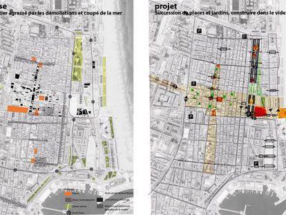 Plano del barrio con el análisis del estado actual (izquierda) y el proyecto planteado (derecha).