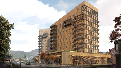 Render del edificio Tamango, de madera contralaminada, en Coyhaquie.