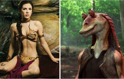La princesa Leia con su ya legendario bikini y Jar Jar Binks, uno de los personajes más odiados de 'Star Wars'.