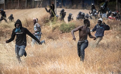 Grupos de inmigrantes, el viernes en el salto a la valla fronteriza de Melilla.