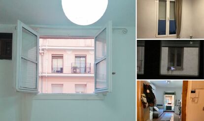 La única ventana en el ático de Natalia Quintero (izquierda), la ventana de Pamela Orozco en el bajo donde vive, en Goya (superior y centro, a la derecha), y el piso de 20 metros en la calle Velarde donde reside Gabriela Rivera.