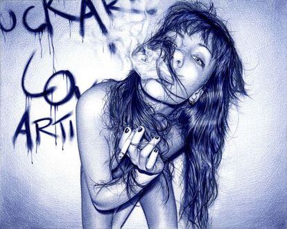 'Irenefuckartloveartist' (2012). Bolígrafo Bic azul sobre papel.