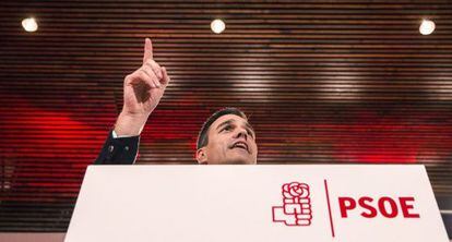 El secretario general del PSOE y candidato a la Presidencia del Gobierno, Pedro S&aacute;nchez, durante un mitin en M&aacute;laga. 