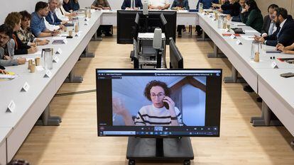 Una imagen de la reunión de la ejecutiva de ERC encabezada por Oriol Junqueras y Pere Aragonès, al fondo. En primer plano, Marta Rovira interviene por videoconferencia desde Suiza.