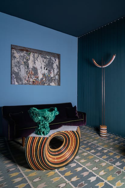 Rainbow coffee table and lamp by Analogia Project.  Hans Wegner sofa.  On the table, sculpture by Audrey Large.