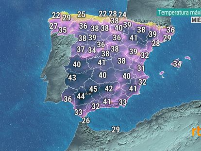 "Si tanto molesta el rojo, ¡podemos cambiar los colores! Cojamos el color que cojamos, la previsión no cambia", tuiteó el meteorólogo Andrés Gómez con este mapa en el que el calor, en lugar de rojo, es violeta.