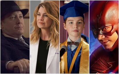 Desde la izquierda, los protagonistas de 'The Blacklist', 'Anatomía de Grey', 'El joven Sheldon' y 'The Flash'.