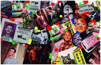 Collage que mezcla fotos del escritor Chuck Palahniuk en distintos momentos de su vida con imágenes de adaptaciones cinematográficas de sus libros como 'El Club de la Lucha'