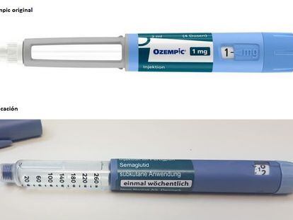Imagen proporcionada por la agencia alemana del medicamento con una pluma inyectable de Ozempic (arriba) y una falsificación.