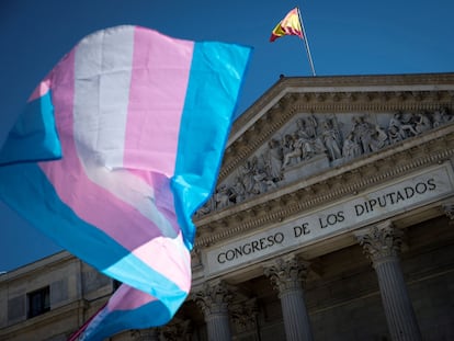 Una bandera ondea ante el Congreso de los Diputados en la manifestación de colectivos trans de junio de 2020 en Madrid.