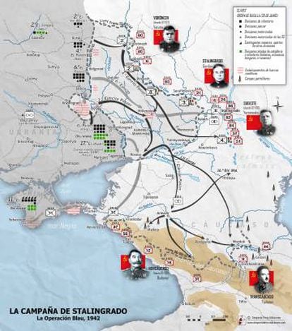 Mapa de la Operación Blau, la ofensiva alemana sobre el Cáucaso y Stalingrado.