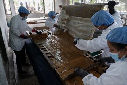 Una vez ha espesado el líquido extraído de la caña se vierte en moldes rectangulares o redondos y se deja en reposo hasta que se enfría y se solidifica para su posterior comercialización. En la imagen, un grupo de trabajadores del trapiche del resguardo Paez Corinto-López Adentro.