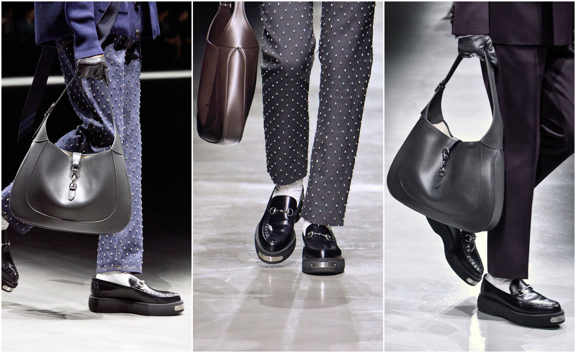 Tres de las propuestas presentadas por  Sabato De Sarno en la semana de la moda de Milán en su primera colección de hombre para Gucci.