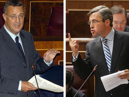 El ministro de Trabajo, Jesús Caldera, y el secretario general del PP, Ángel Acebes, en la sesión de control.