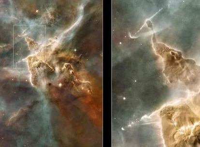 Un <i>pilar</i>de la creación, región de formación estelar (ampliada a la derecha), en la nebulosa Carina.