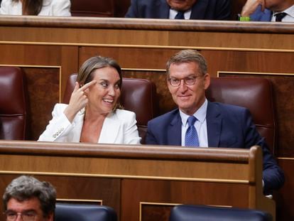 Cuca Gamarra y Alberto Núñez Feijóo, el jueves en la sesión constitutiva del Congreso, en Madrid.