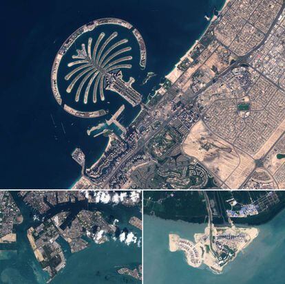 Otras islas artificiales ya creadas. En la parte superior, Palm Jumeirah. En la inferior, a la izquierda, Jurong Island; a la derecha, Forest City.