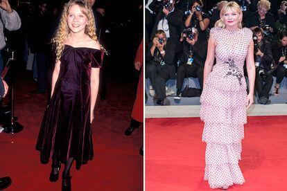 24 años de alfombras rojas: en 1994, cuando una pequeña Kirsten Dunst presentaba Entrevista con el Vampiro; en 2017, vestida por Rodarte, en el Festival de Venecia.