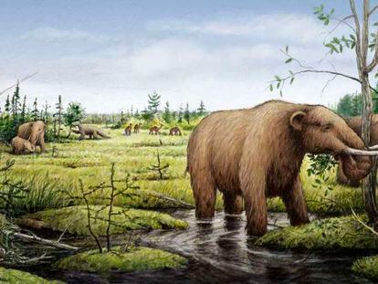 Ílustración de un paisaje prehistórico con la megafauna