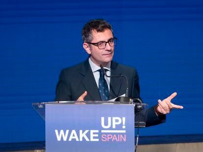 El ministro de la Presidencia, Félix Bolaños, interviene este viernes en un foro en Madrid.