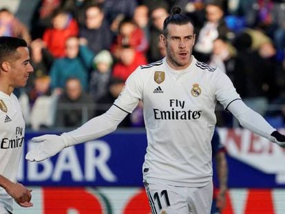Gareth Bale celebra su gol al Huesca en El Alcoraz. En vídeo, declaraciones de Odriozola.