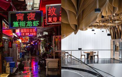A la izquierda, calle del barrio de Huangpu, en Shanghai. A la derecha, diseño de restaurante, obra del estudio Link-Arc + Kane A|UD, finalista en la categoría Bars & Restaurants del World Festival of Interiors. |