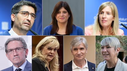 Los exconsejeros de Junts del Ejecutivo catalán: Jordi Puigneró, Jaume Giró, Victòria Alsina, Josep Maria Argimon, Lourdes Ciuró, Gemma Geis y Violant Cervera.