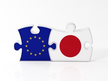 Ilustración que simboliza la alianza entre UE y Japón.