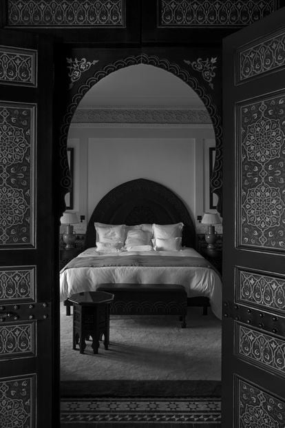 View of the bed in one of the rooms at La Mamounia. 