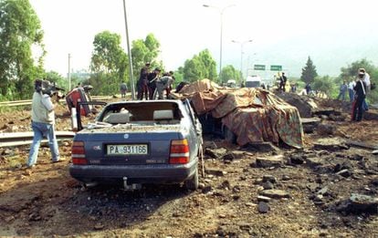 View of the damage caused to the highway that connects the city of Palermo with its airport, caused by the attack against the anti-mafia prosecutor Giovanni Falcone, his wife and three policemen who were escorting him, on May 23, 1992.