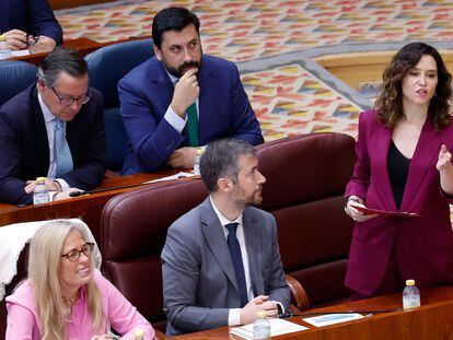 La presidenta de la Comunidad de Madrid, Isabel Díaz Ayuso, intervenía en el pleno de la Asamblea de Madrid, este jueves.