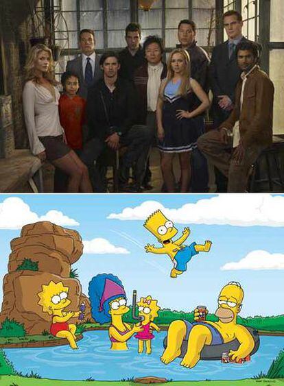 Arriba, los protagonistas de la producción televisiva <i>Héroes.</i> Abajo, una imagen de la serie de animación <i>Los Simpson.</i>