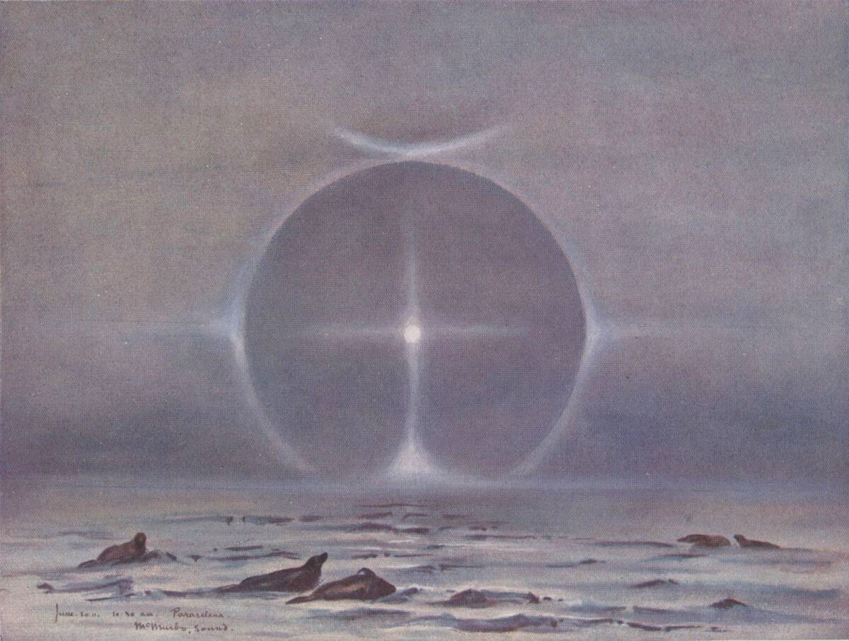 Un halo alrededor de la luna en la Antártida, parhelio pintado a acuarela por Wilson durante la expedición en el Terra Nova en 1911.