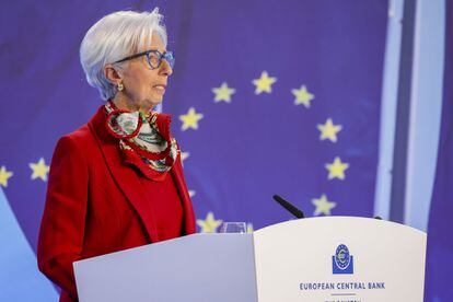 Christine Lagarde, presidenta del Banco Central Europeo (BCE), durante la conferencia de este jueves en Fráncfort (Alemania).