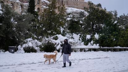 Un hombre pasa con su perro por los alrededores de la Acrópolis, este martes en Atenas.