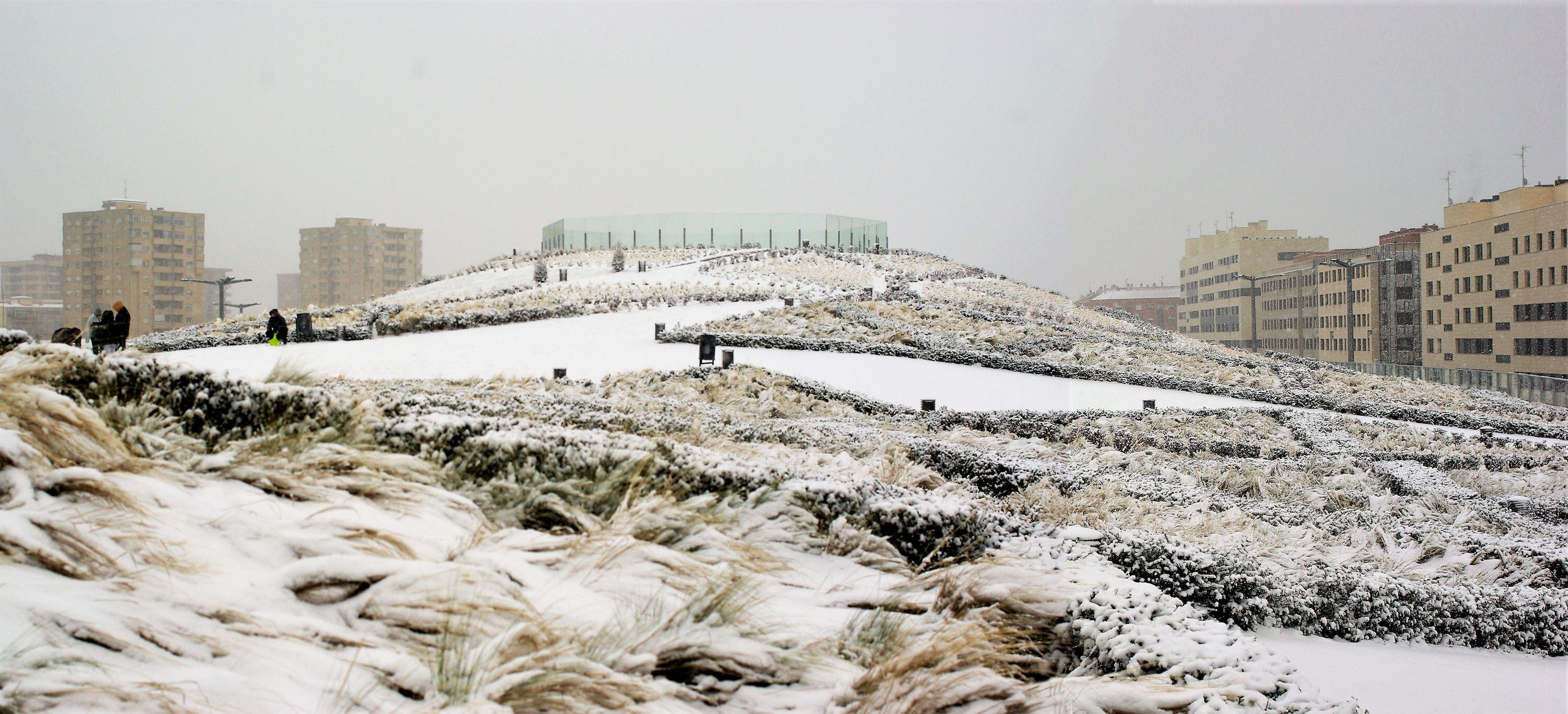 El parque Felipe VI de Logroño, cubierto por la nieve tras el paso de la borrasca Filomena.