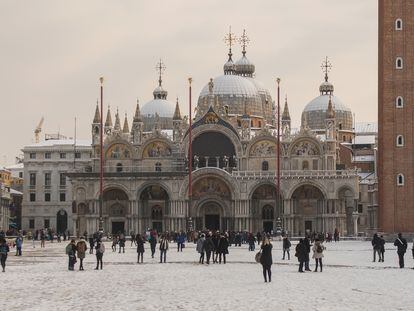La plaza de San Marcos de Venecia, tras una nevada, en febrero de 2018.