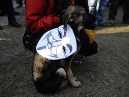 Manifestante checo contra el tratado ACTA.