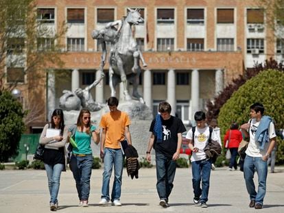 Un grupo de jóvenes en el campus de la Universidad Complutense de Madrid.