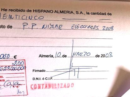 Recibí de Hispano-Almería al Ayuntamiento de Níjar en concepto de "Elecciones 2008".