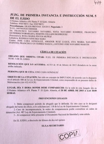 Citación como imputado de José Cara.