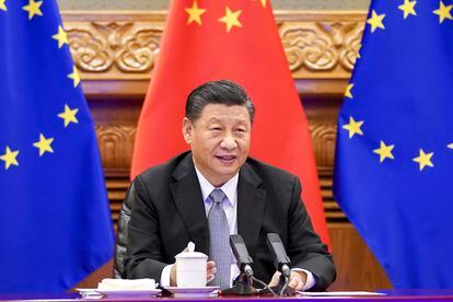 El presidente chino, Xi Jinping, durante la videoconferencia de este miércoles con los líderes de la Unión Europea.