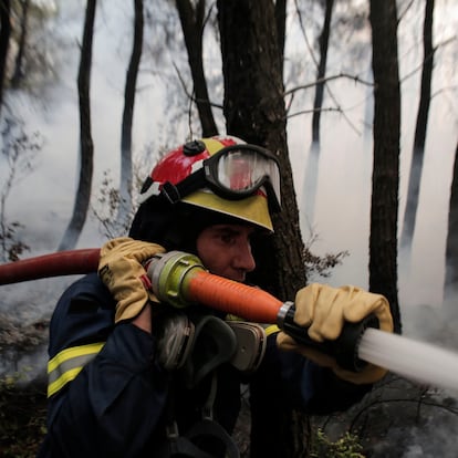 Athens (Greece), 05/08/2021.- A firefighter battles a wildfire burning a forest in the Kryoneri area, near Athens, Greece, 05 August 2021. More firefighters and support by air have been added to the forces battling the resurgence of the fire in Varybobi, north of Athens. A total of nine helicopters and four airplanes are dropping water on the fire, which is out of control. Police has blocked traffic on all roads leading to Varibobi and fire fronts, near the former royal estates in Tatoi. The rekindling of the fire, aided by heatwave temperatures and winds, has led to the evacuations of Ippokratios Politia and Drossopigi. (Incendio, Grecia, Atenas) EFE/EPA/KOSTAS TSIRONIS